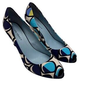 Ellen Tracy Womens Jade Peep Toe Acrylic Wedge Pump Shoes Blue Black Size 8.5 M